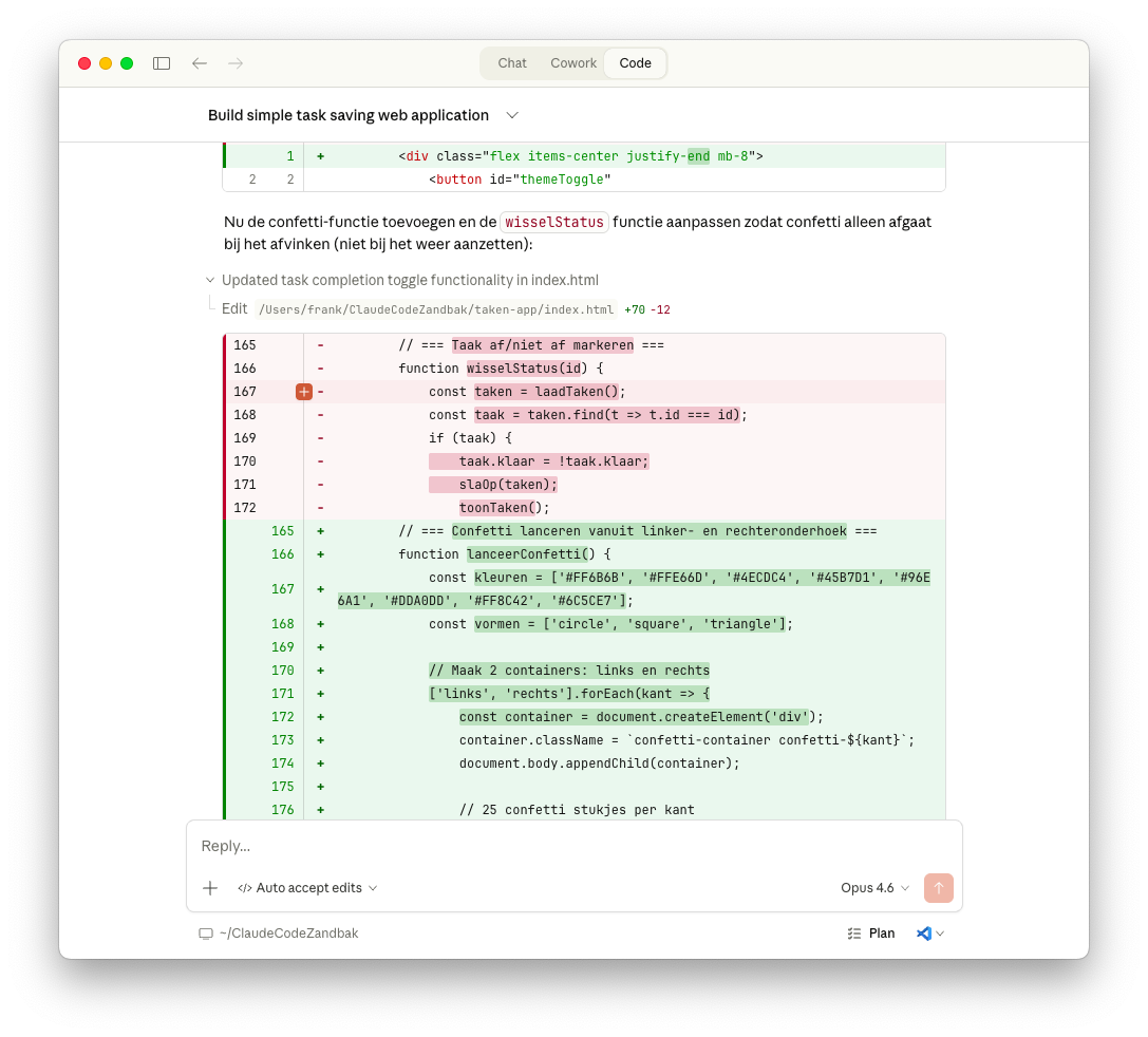 Claude Code diff viewer toont wijzigingen in rood en groen