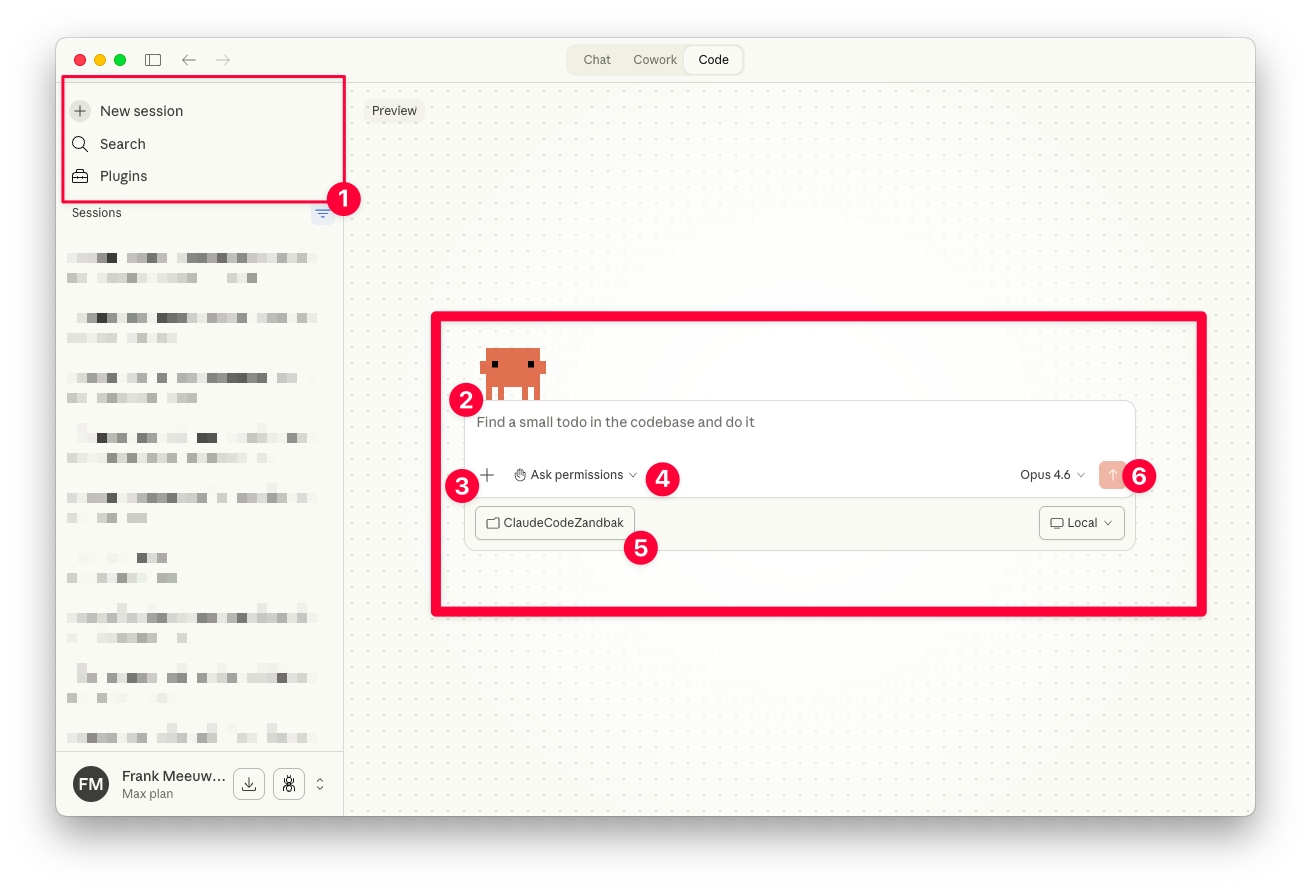 Claude Code interface met labels voor de hoofdgebieden