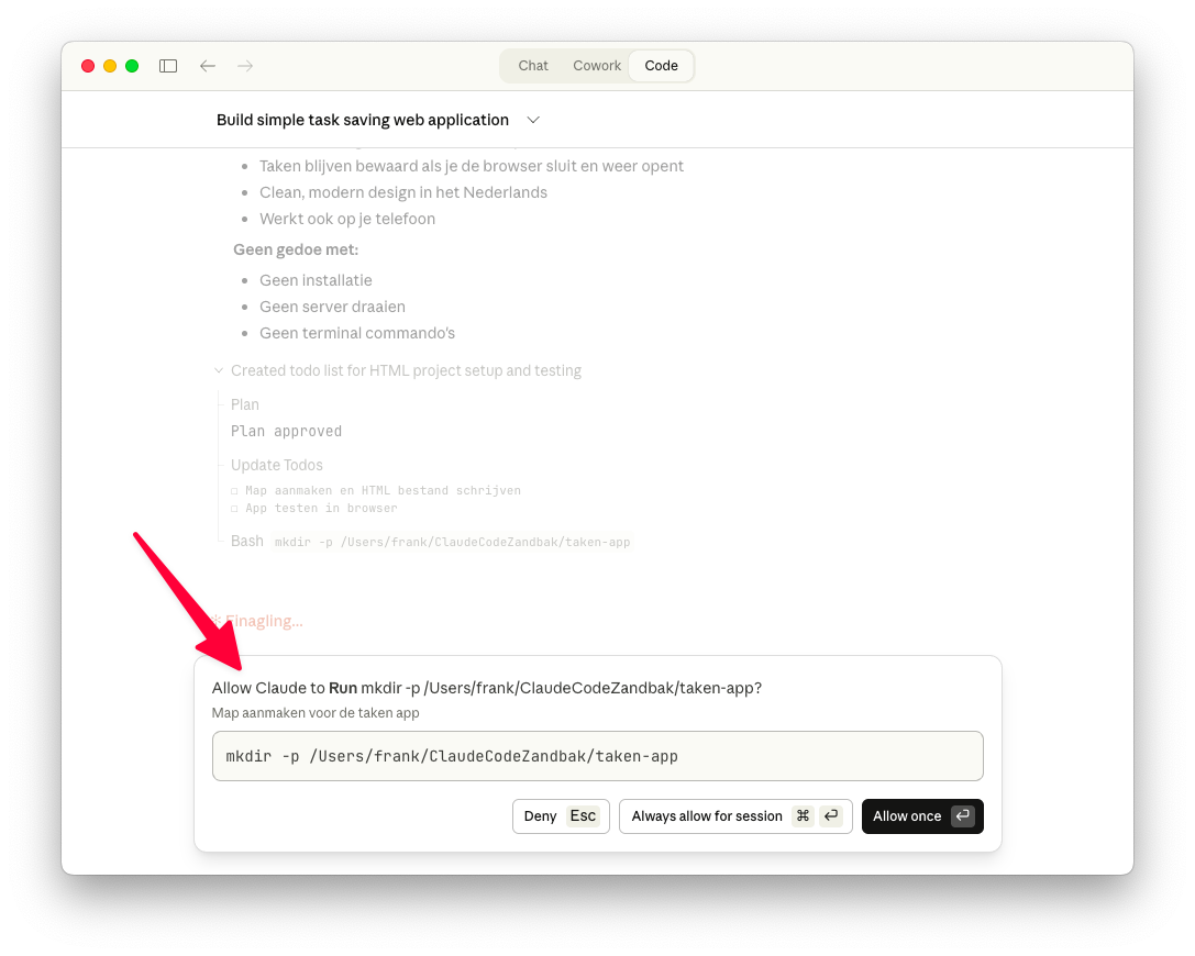 Claude Code vraagt toestemming voor het maken van een directory