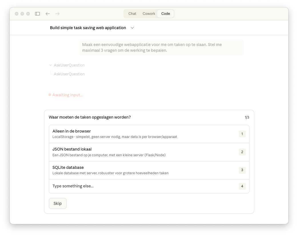 Claude Code stelt vervolgvragen
