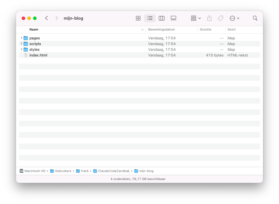 File browser toont de aangemaakte project structuur